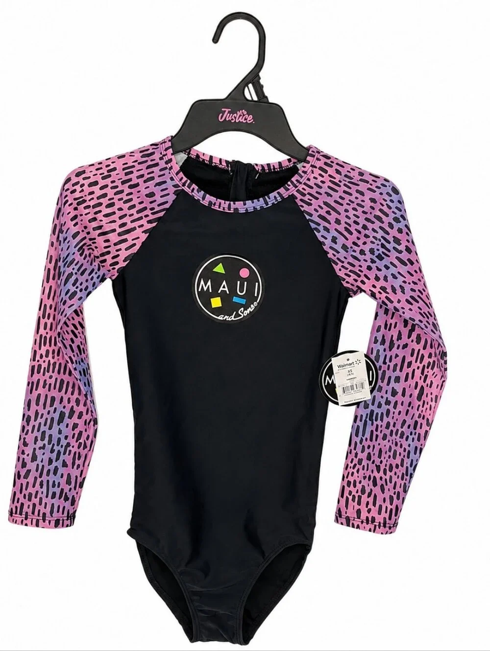 Maui and Sons Girls Long Sleeve One-Piece Swimsuit Black Pink XS 4/5 NWT